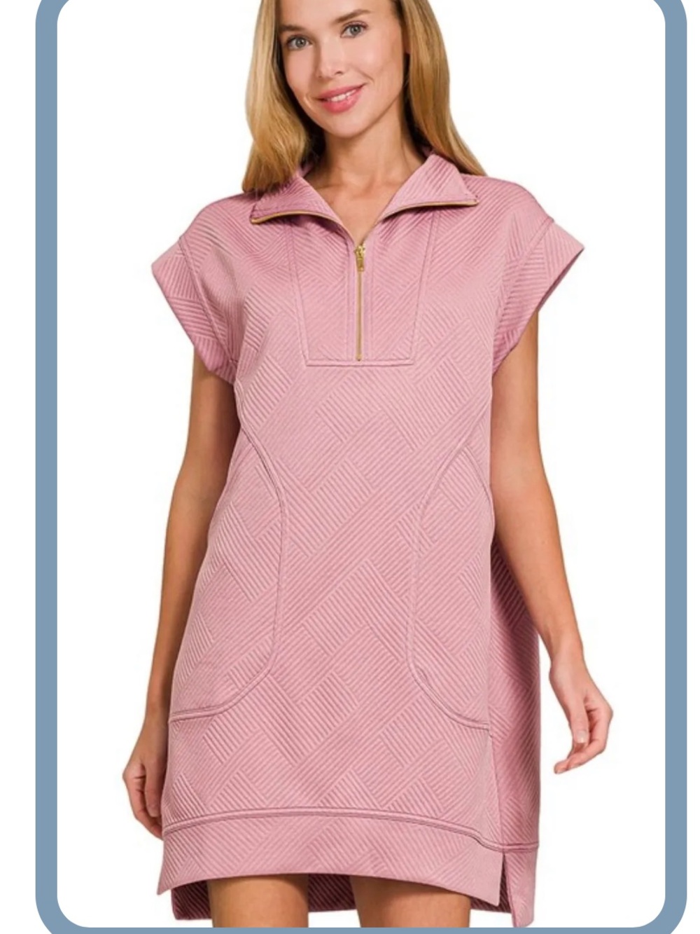 ZENANA- KNIT QUARTER ZIP MINI DRESS/TEXTURED LT. ROSE COLOR/SIZE SMALL/NWOT